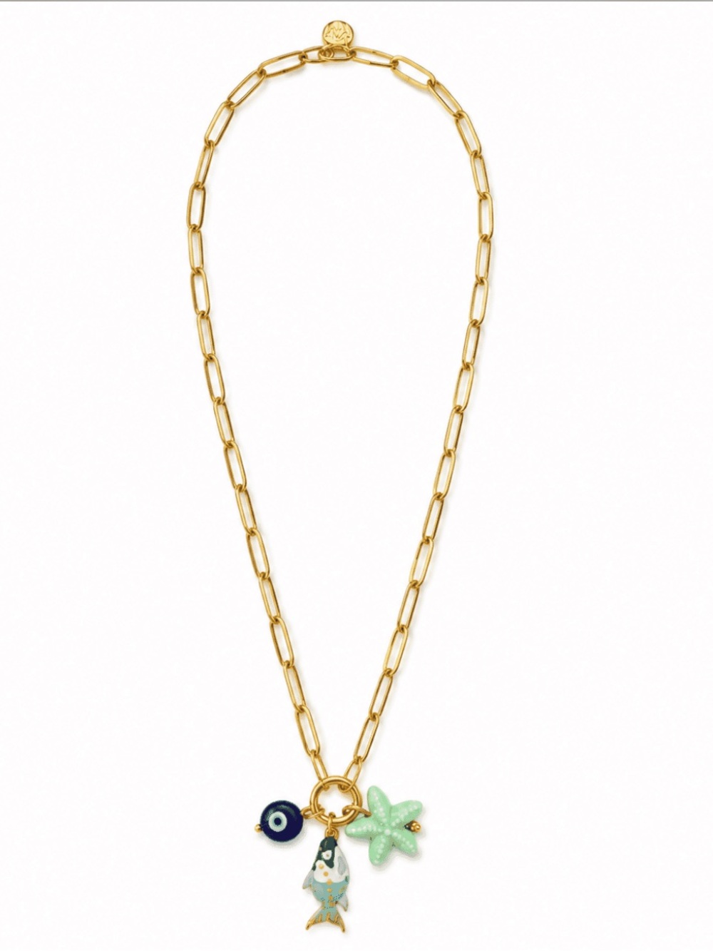 Gold Chain Necklace with Mint Starfish, Enamel Fish & Evil Eye NWOT
